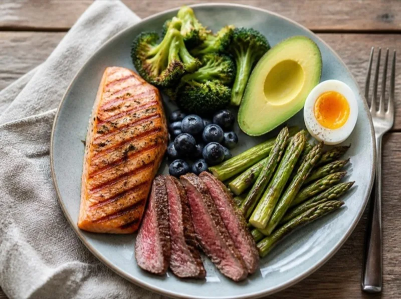 A plate of grilled wild salmon, grass-fed steak, roasted vegetables, blueberries, avocado and a boiled egg