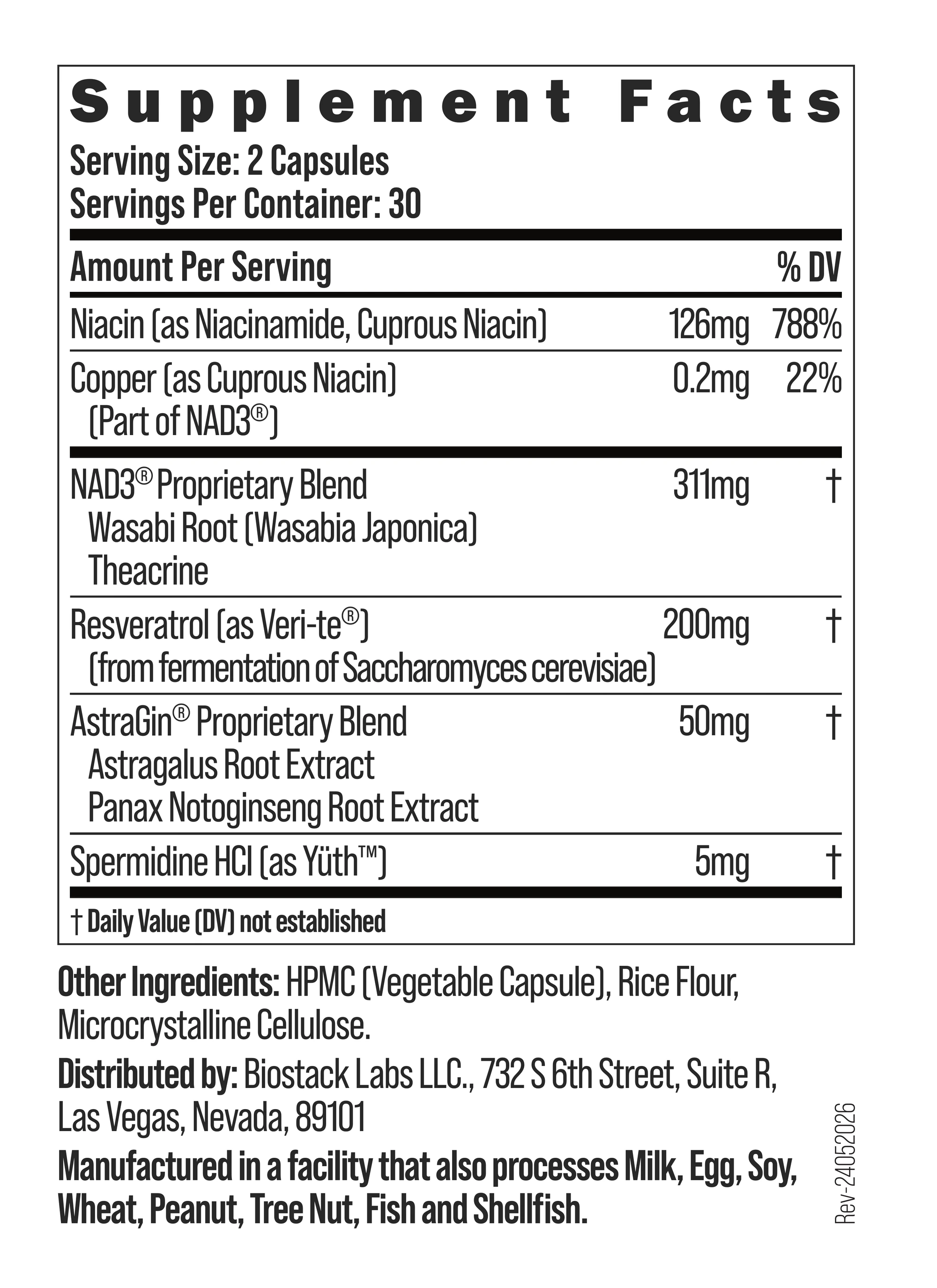 NAD Regen Supplement Facts panel