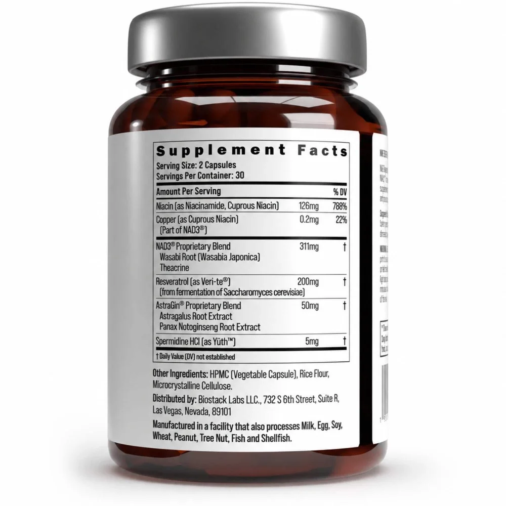 NAD Regen bottle, rear label showing the Supplement Facts panel